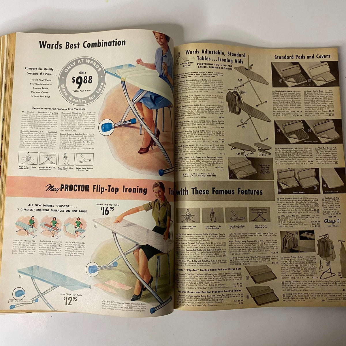 Inside page from the 1960 Montgomery Ward Fall and Winter Catalog featuring ironing tables and various ironing aids with prices.