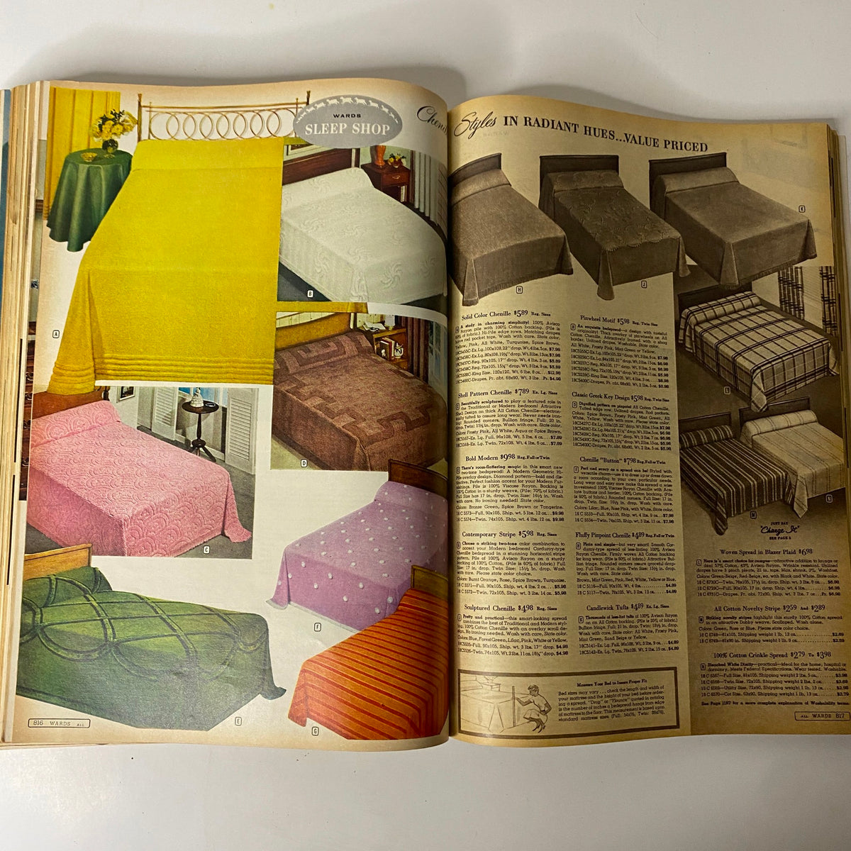 Interior page of the 1960 Montgomery Ward Fall and Winter Catalog displaying colorful bedspreads and blankets with price listings.