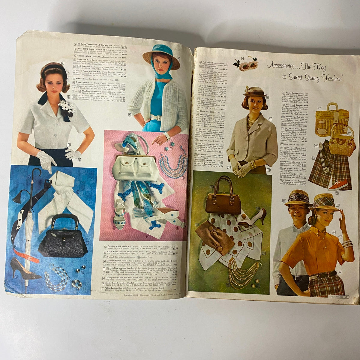 1960 Montgomery Ward Spring and Summer Catalog featuring stylish women's accessories including hats, handbags, and elegant gloves on an illustrated page.