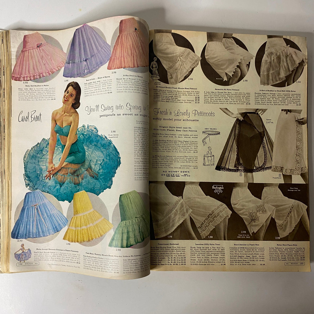 1960 Montgomery Ward Spring and Summer Catalog page illustrating colorful petticoats and undergarments for women, featuring delicate designs for added flair.