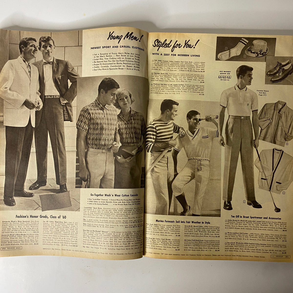 1960 Montgomery Ward Spring and Summer Catalog featuring men's fashion, showcasing casual and sporty clothing styles for young men in a classic layout.