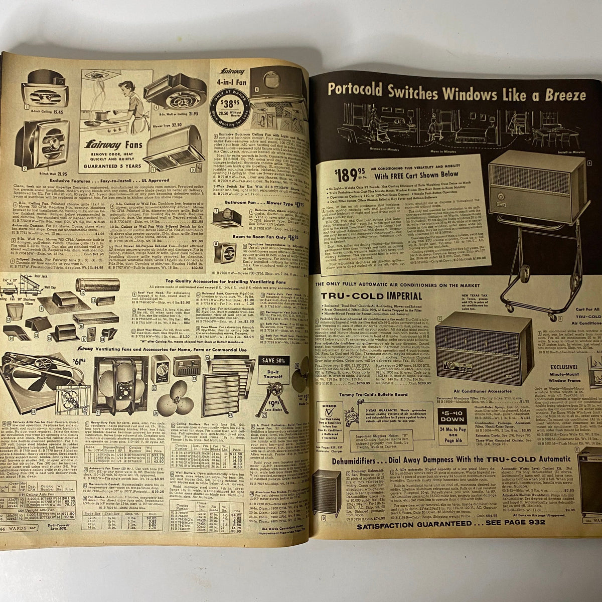 1960 Montgomery Ward Spring and Summer Catalog displaying air conditioning units and fans available for summer cooling solutions.