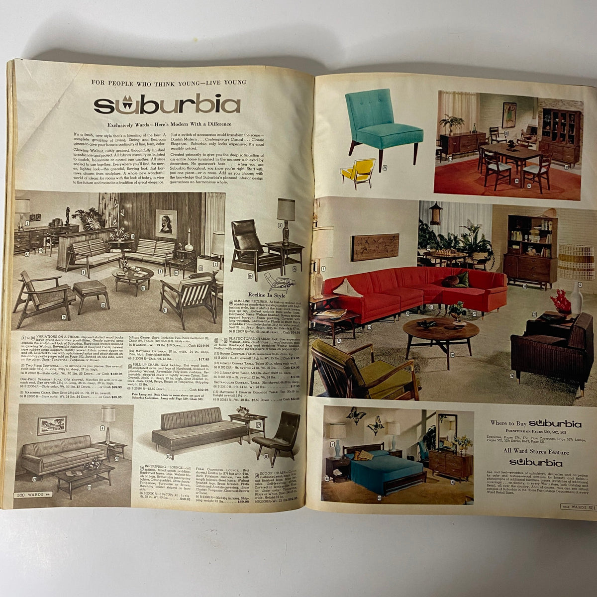 Interior pages of the 1960 Montgomery Ward Spring and Summer Catalog, showcasing vintage furniture designs and styles for mid-century living spaces.