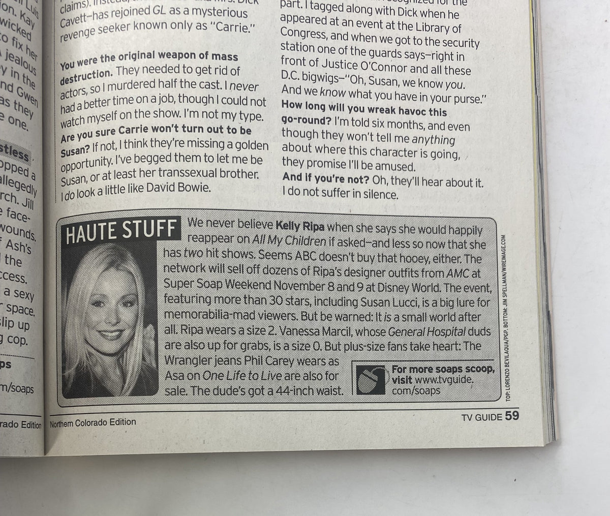 TV Guide Magazine October 25, 2003 displaying a feature on Kelly Ripa in the 'Haute Stuff' section, detailing her appearances and memorabilia for fans.