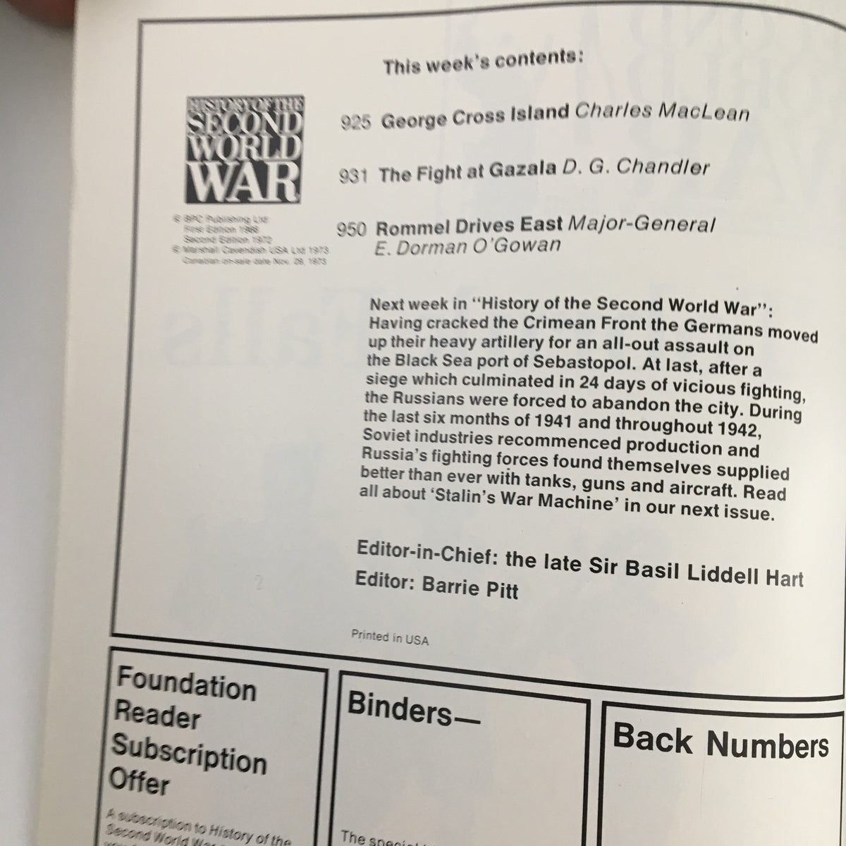 Table of contents page from History of the Second World War Part 33, 1973, including articles such as 'George Cross Island' and 'The Fight at Gazala'.
