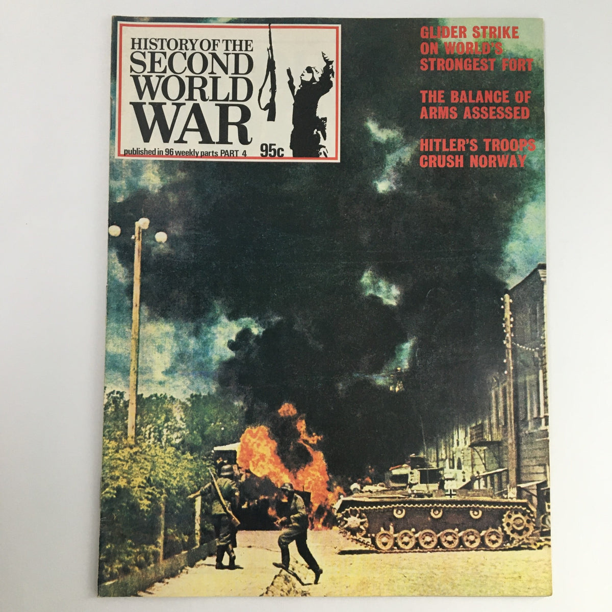 Cover of 'History of the Second World War Part 4: 1973 Winston Churchill Takes Over', featuring dramatic imagery of wartime soldiers and a tank, depicting key events and themes from World War II.