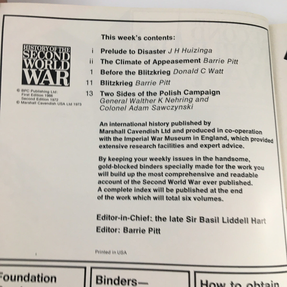 Contents page from 'History of the Second World War Part 1 1973' detailing featured articles including 'Prelude to Disaster,' 'The Climate of Appeasement,' and 'Blitzkrieg'.