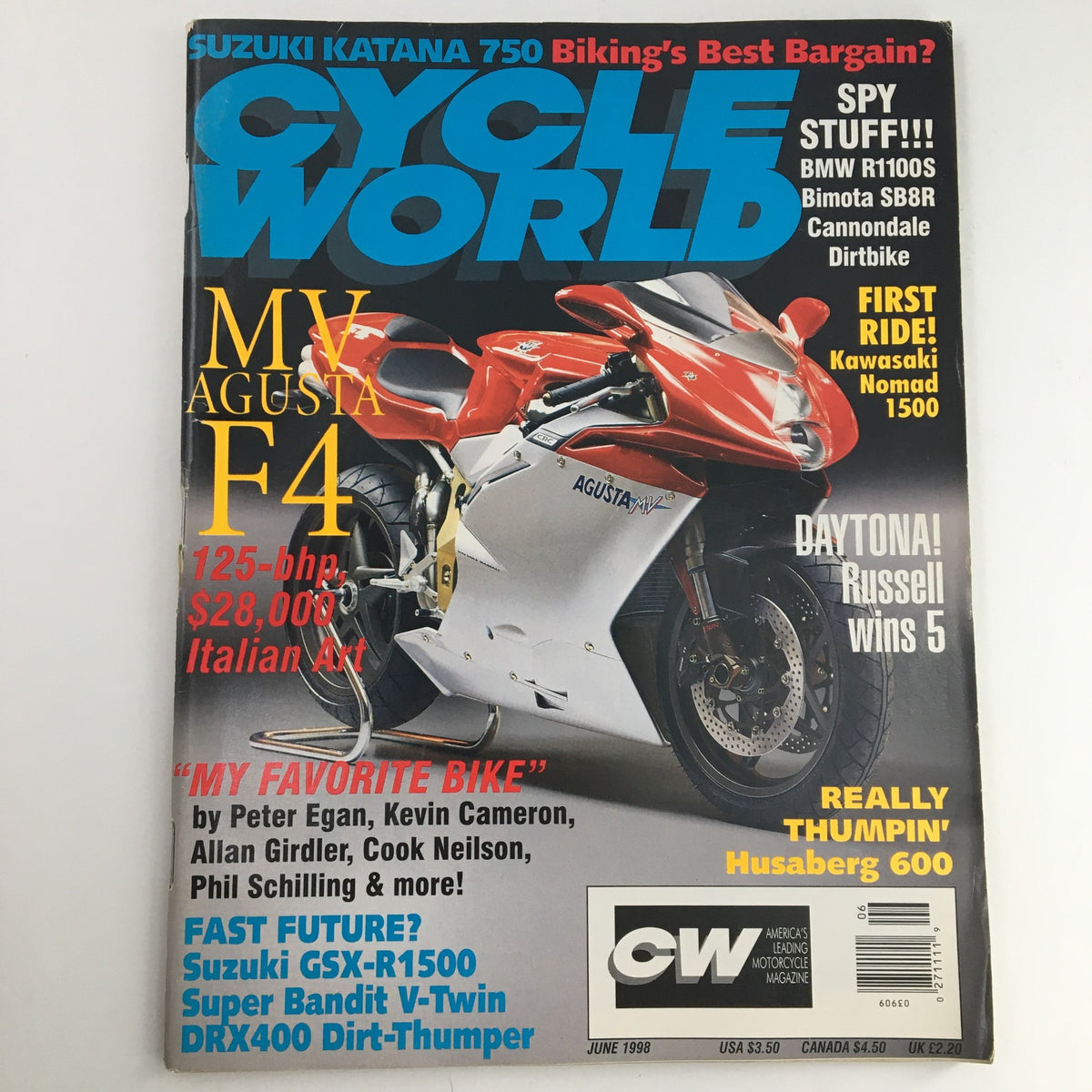 Cycle World Magazine June 1998 cover featuring MV Agusta F4 motorcycle, Suzuki Katana 750, and Husaberg 600. Highlights include articles on motorcycle performance and design.
