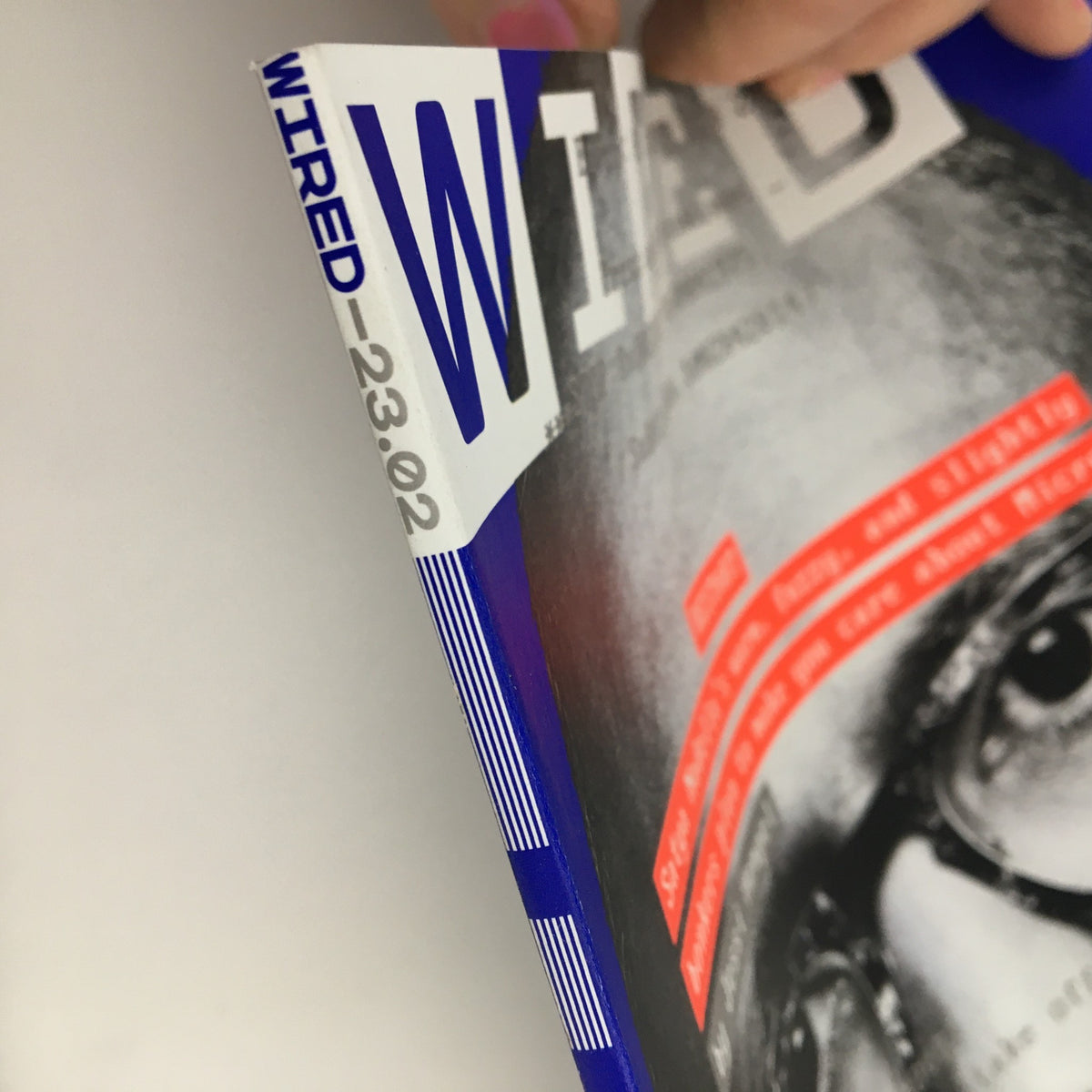 Side view of Wired Magazine February 2015 showcasing the spine with the magazine title and issue details, highlighting Satya Nadella's vision for Microsoft.