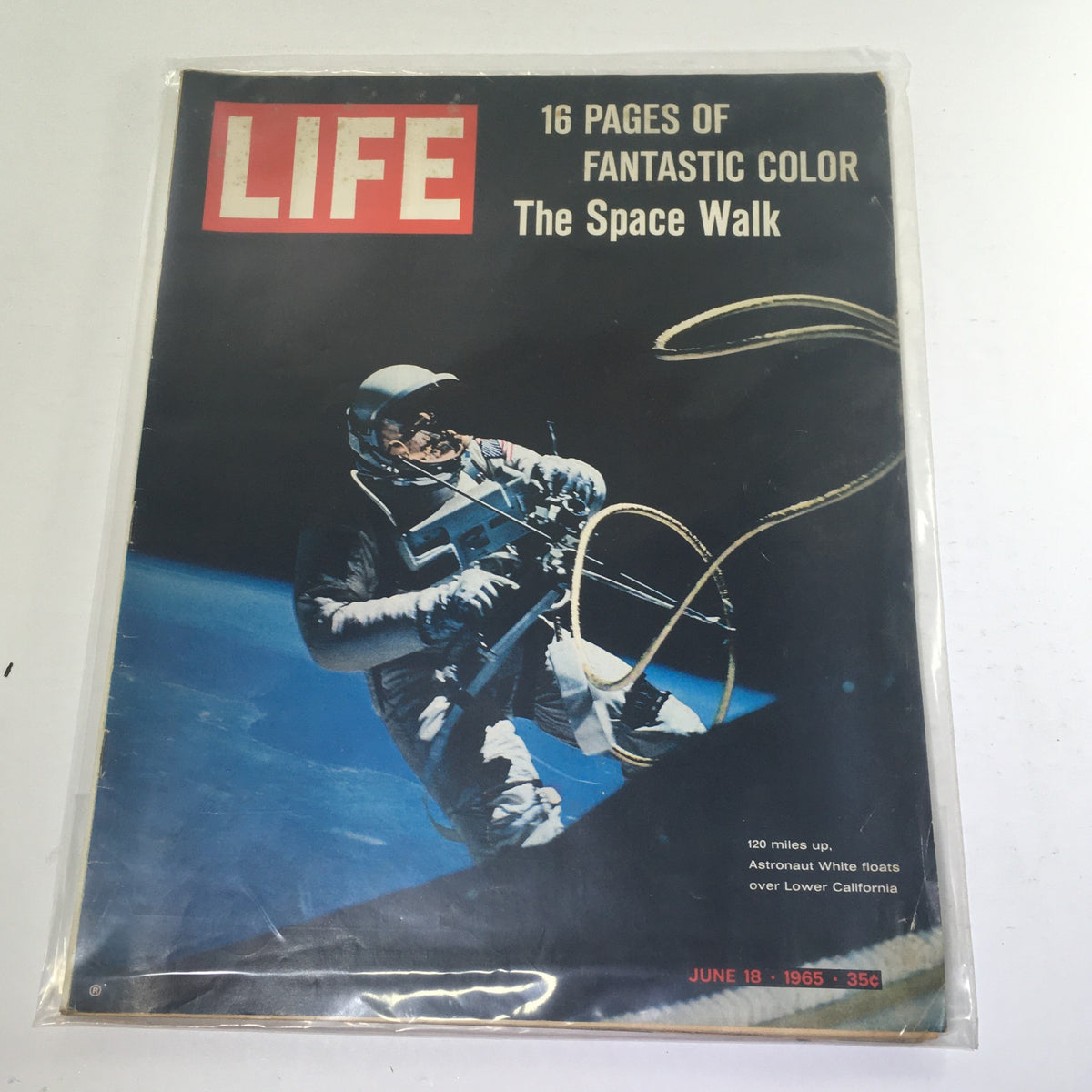 Cover of the June 18, 1965 issue of Life Magazine featuring the title 'The Space Walk Over Lower California' with an astronaut in space.