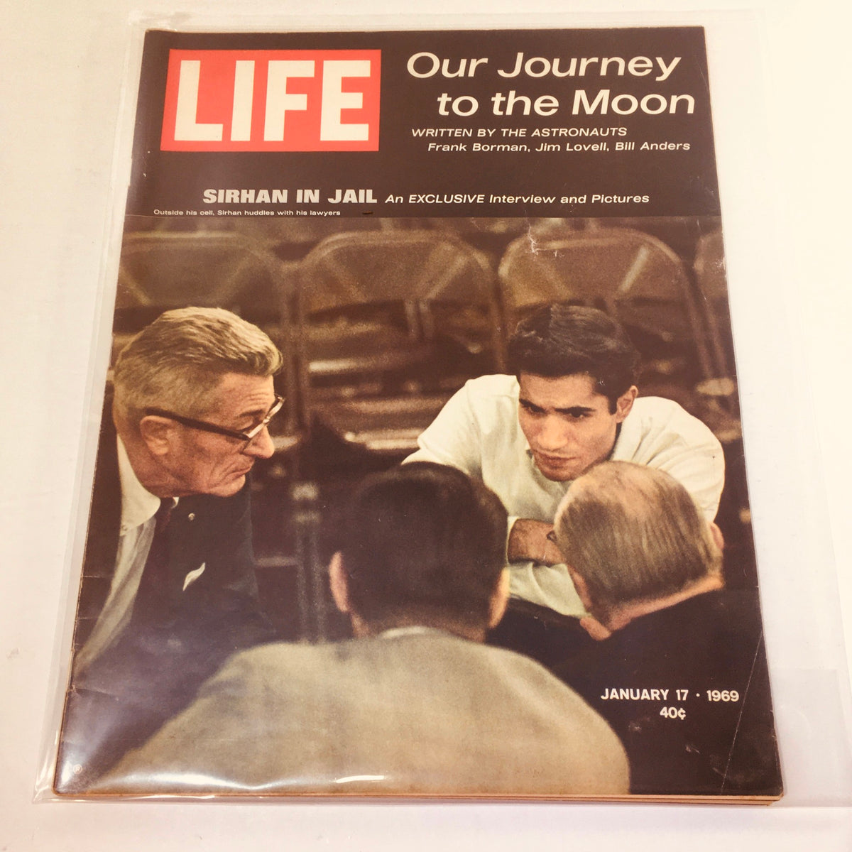 Cover of Vintage Life Magazine January 17 1969 showcasing the headline 'Sirhan In Jail / Our Journey to the Moon'. The cover features an image of Sirhan Sirhan with lawyers, capturing pivotal moments in American history.