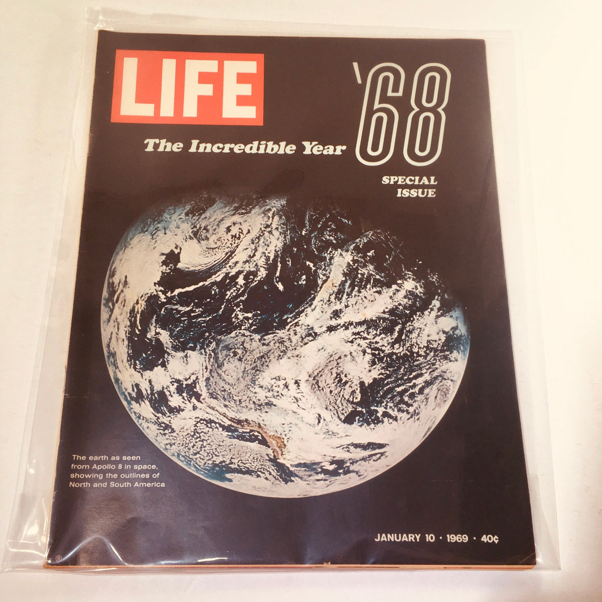 Vintage Life Magazine January 10, 1969 cover featuring a special issue on The Incredible Year of 1968, showcasing Earth as seen from space with vibrant imagery.