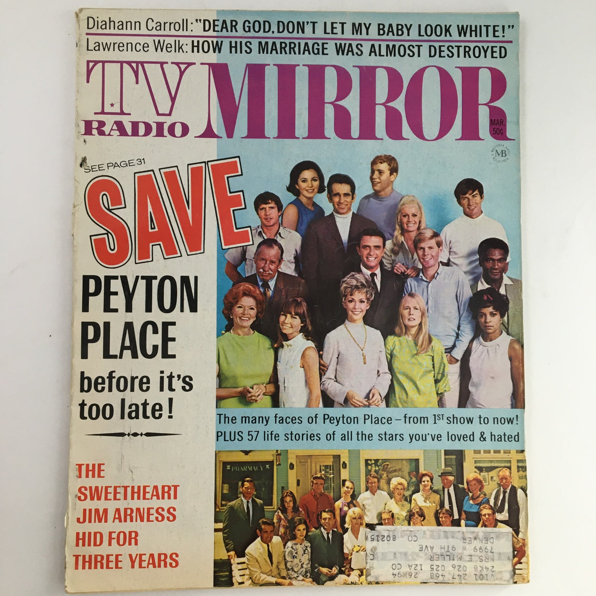 Cover of TV Radio Mirror Magazine March 1969 featuring Diahann Carroll and Lawrence Welk, with a headline about saving Peyton Place and a collage of popular TV stars.
