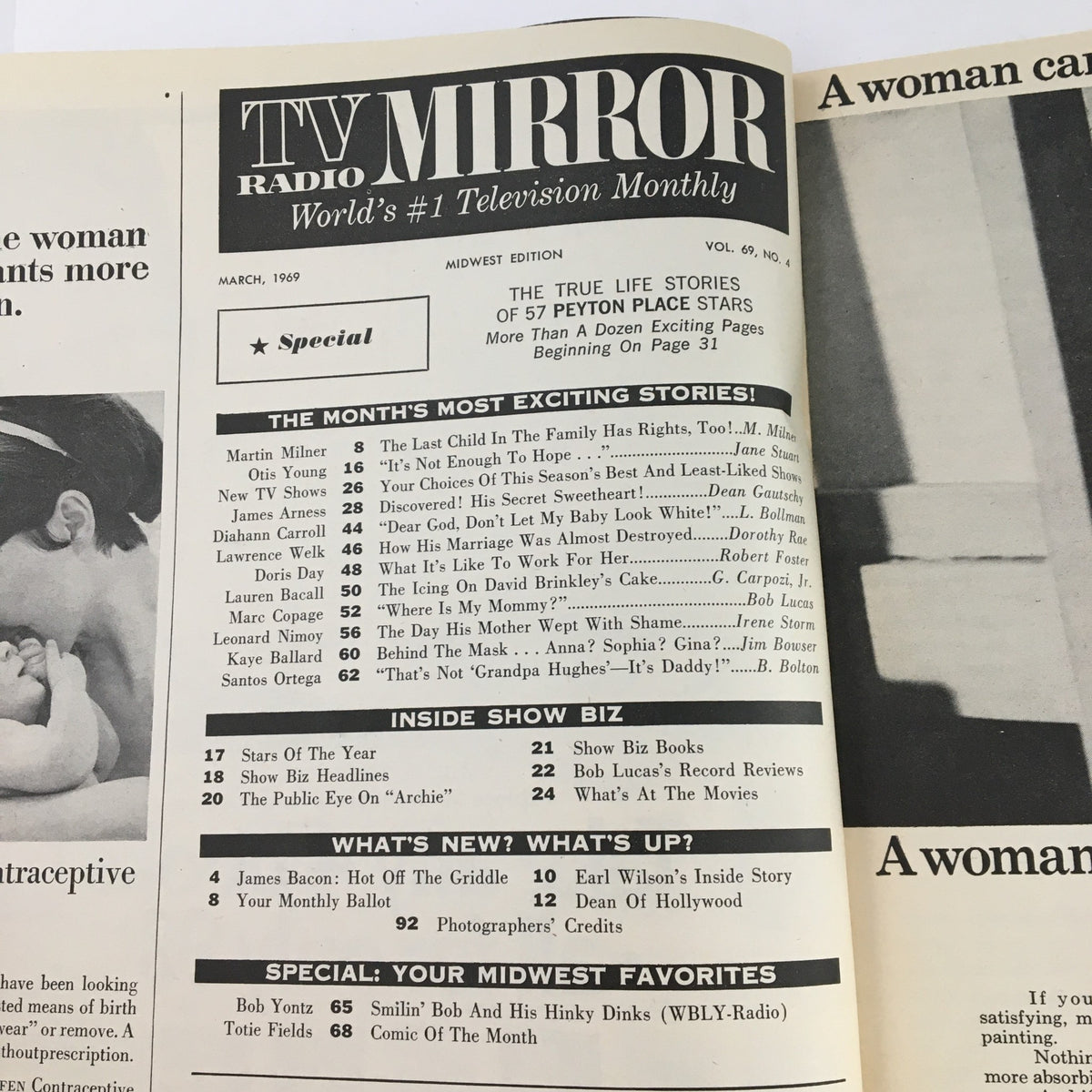 Inside page of TV Radio Mirror Magazine March 1969, displaying the table of contents and highlighted stories including Diahann Carroll's interview and Lawrence Welk's marriage.