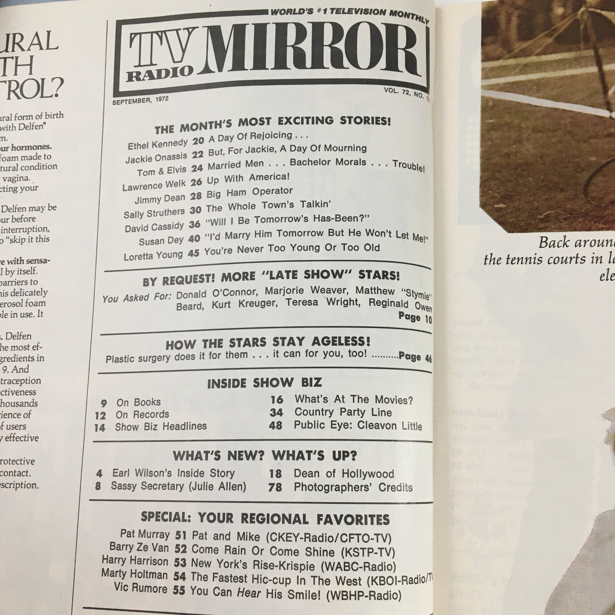 Interior page of TV Radio Mirror Magazine September 1972 displaying the contents and exciting stories featuring celebrities like Jackie Kennedy and Tom Jones in Vol 72 #10.