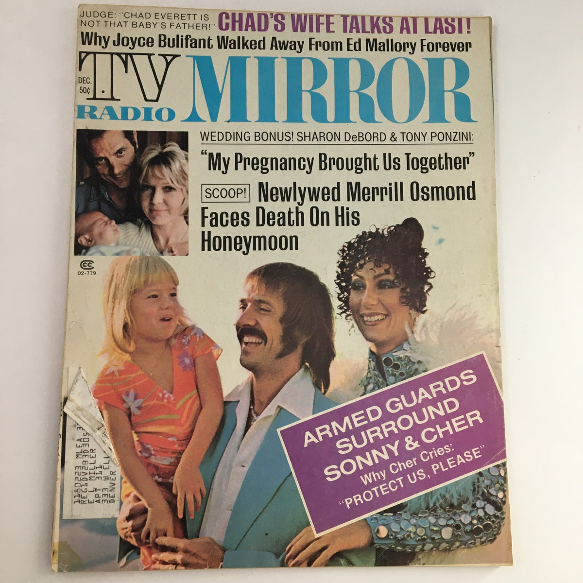 TV Radio Mirror Magazine December 1973 Vol 74 #1 cover featuring Sonny & Cher and Tony Ponzini, highlighting classic 1970s pop culture.