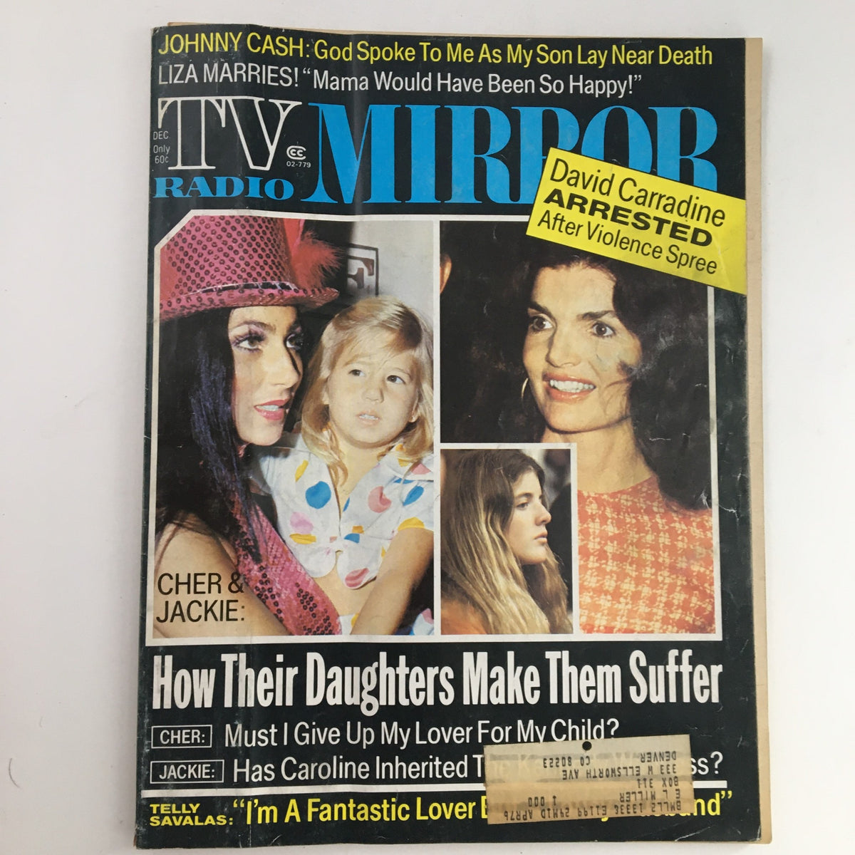 Cover of TV Radio Mirror Magazine December 1974 featuring Cher, Jackie, and David Carradine with headlines highlighting celebrity news and personal stories.
