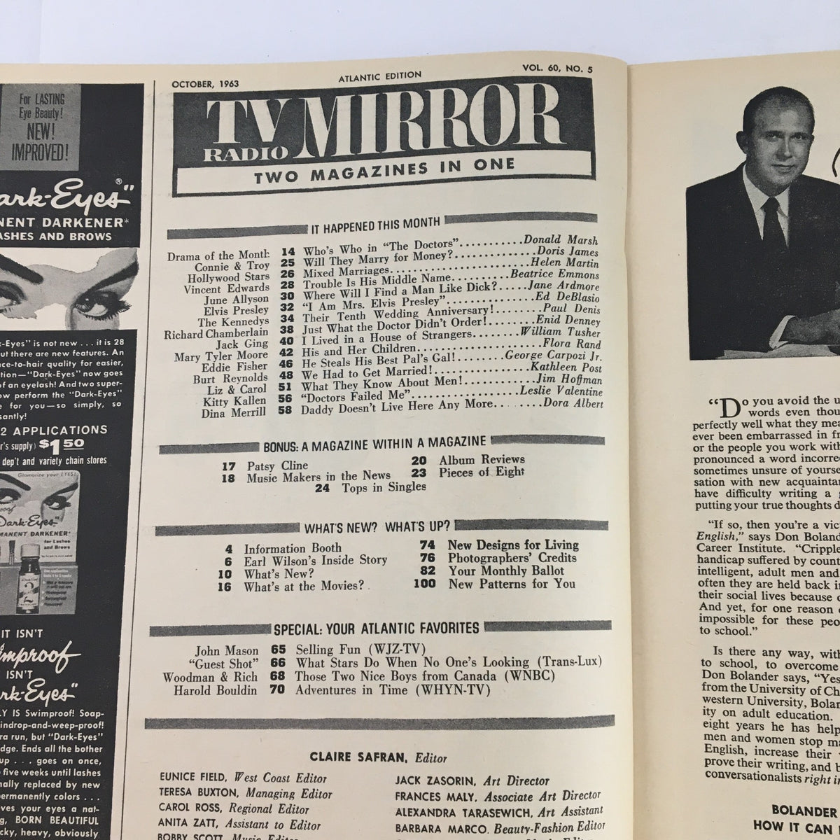 Interior page of TV Radio Mirror Magazine, October 1963, Volume 60, Number 5, showcasing the table of contents and articles featured in this vintage publication.