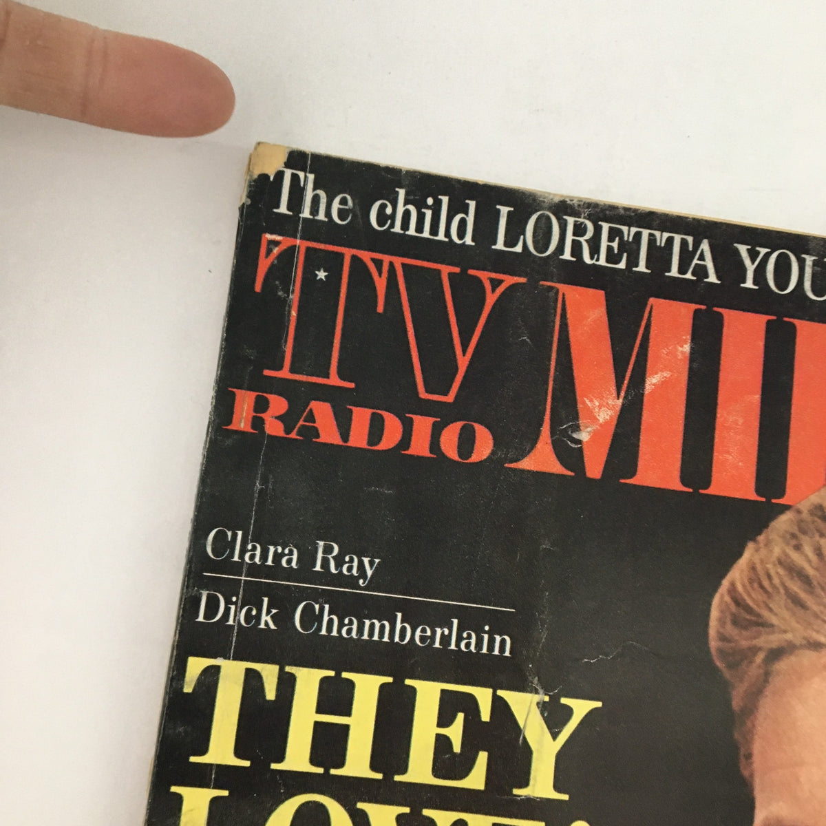 Detail of TV Radio Mirror Magazine December 1962 cover showing the title and featured stars Clara Ray and Dick Chamberlain, emphasizing the nostalgic theme of the publication.
