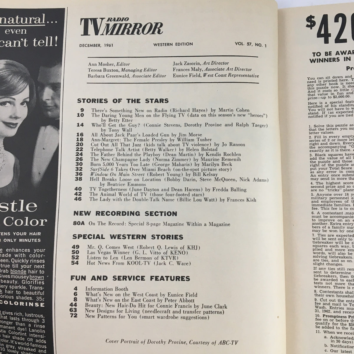 Interior page of TV Radio Mirror Magazine December 1961 Vol 57 #1 showcasing articles and features about celebrities including Dean Martin and Dorothy Provine.