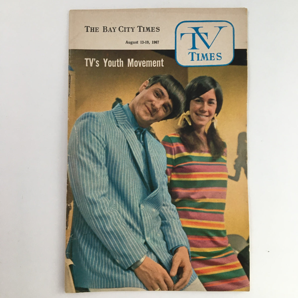 Cover of TV Times Bay City Michigan August 13-19 1967 magazine featuring the article on TV's Youth Movement with two models dressed in 1960s fashion.