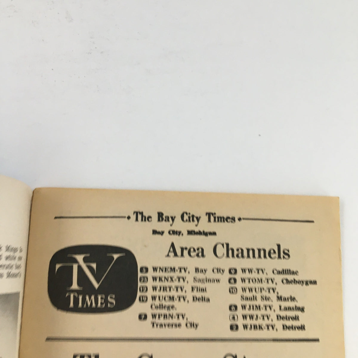 Inside page of TV Times Bay City, Michigan, October 8-14, 1967, displaying area television channels, providing a glimpse into the media landscape of the 1960s.