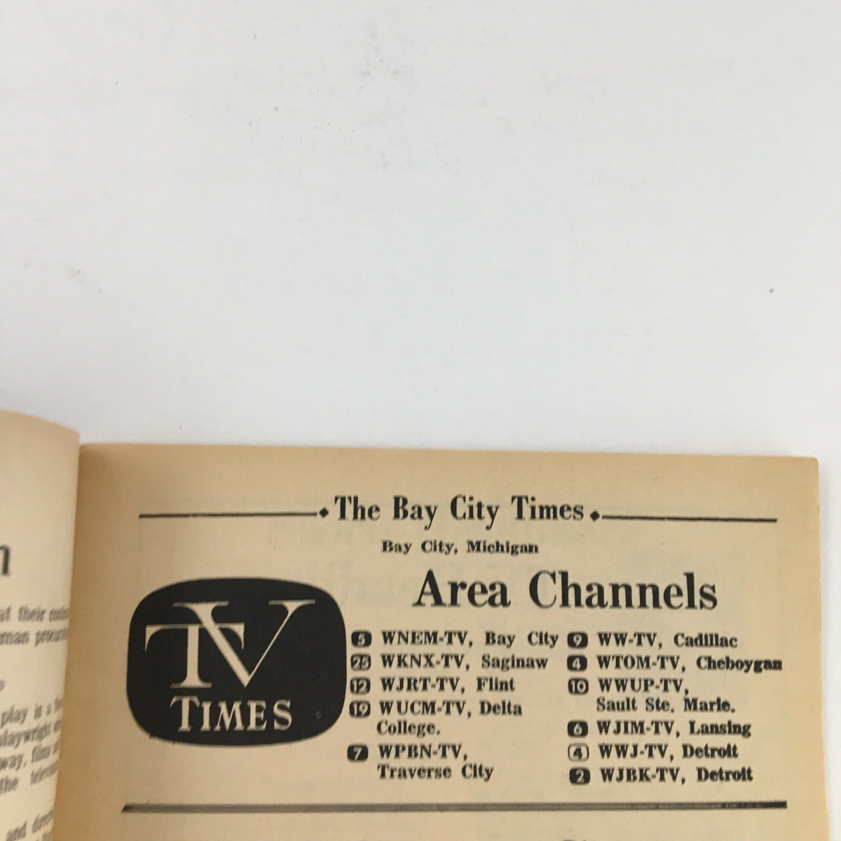 Inside spread of the TV Times magazine from Bay City, Michigan, October 15-21, 1967. The page displays the area channels listings for local TV stations.
