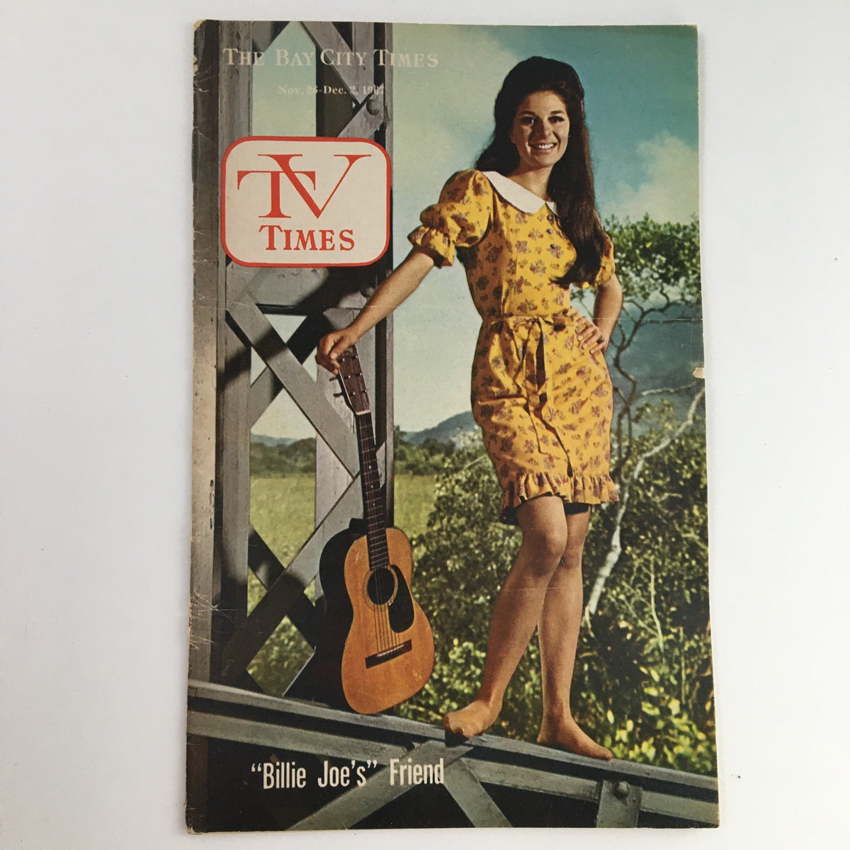 Cover of TV Times magazine from Bay City, Michigan featuring an article titled 'Billie Joe's Friend', dated November 26-December 2, 1967, with a woman in a yellow dress holding a guitar.