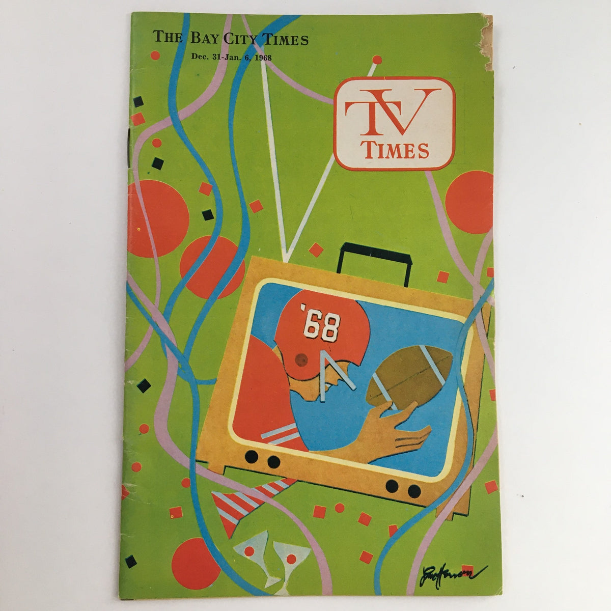 Cover of TV Times Bay City Michigan December 31-January 6 1968 featuring vibrant colors and a football motif, showcasing the magazine's appeal to sports enthusiasts.