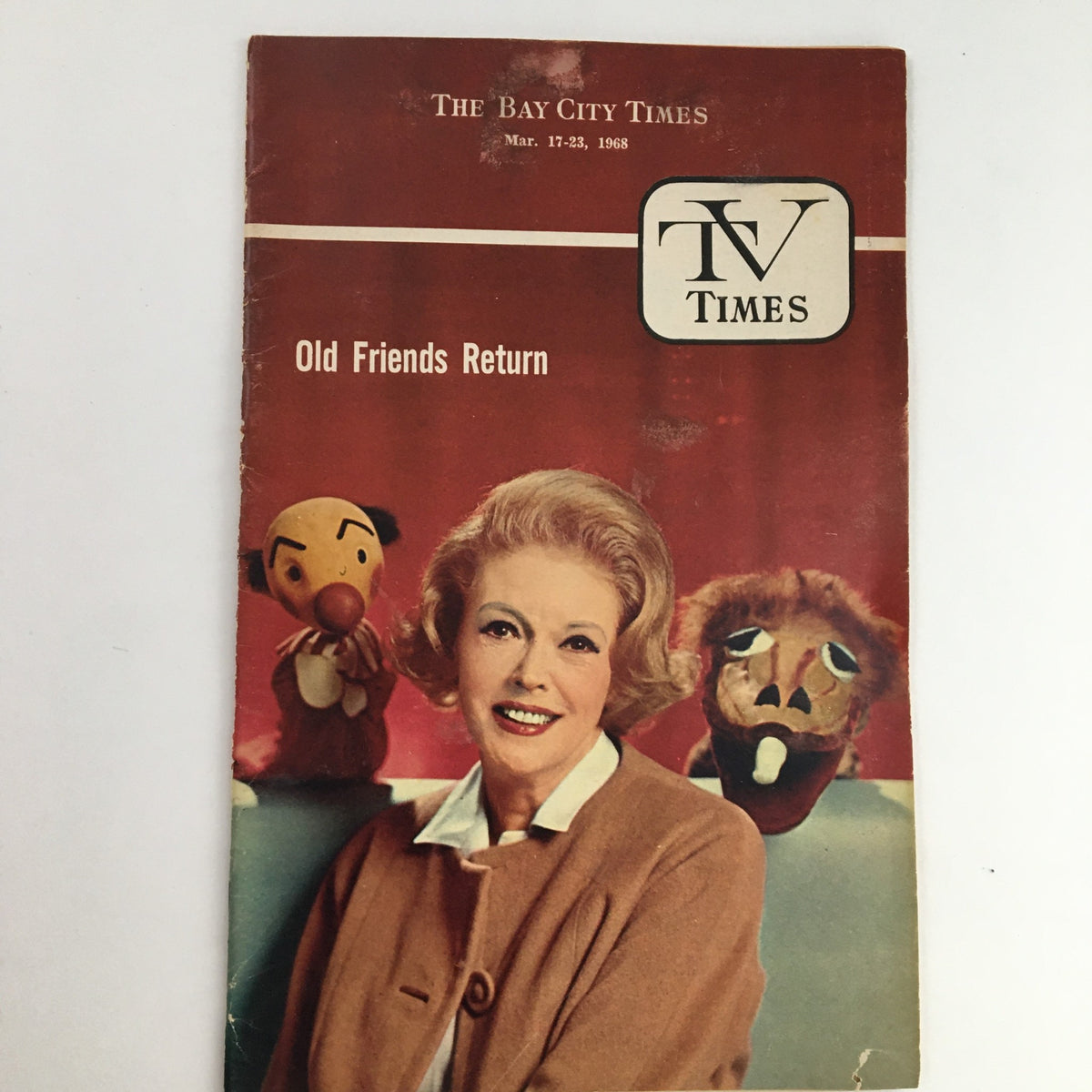 Cover of TV Times Bay City Michigan March 17-23 1968 featuring 'Old Friends Return' with a woman and puppets.