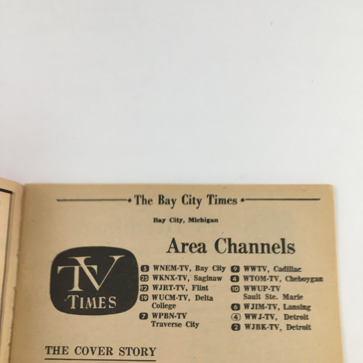 Interior page of TV Times from Bay City, Michigan, displaying area channel listings dated March 31-April 6, 1968.