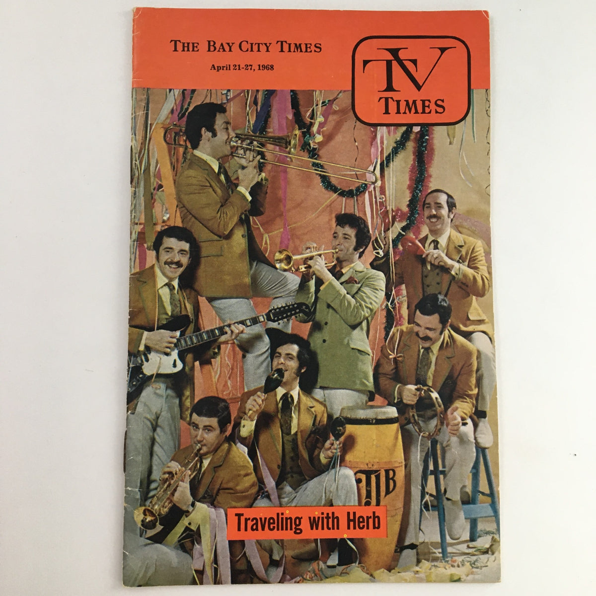 TV Times Bay City Michigan April 21-27 1968 cover featuring musicians in vintage attire and festive decorations, title 'Traveling with Herb'.