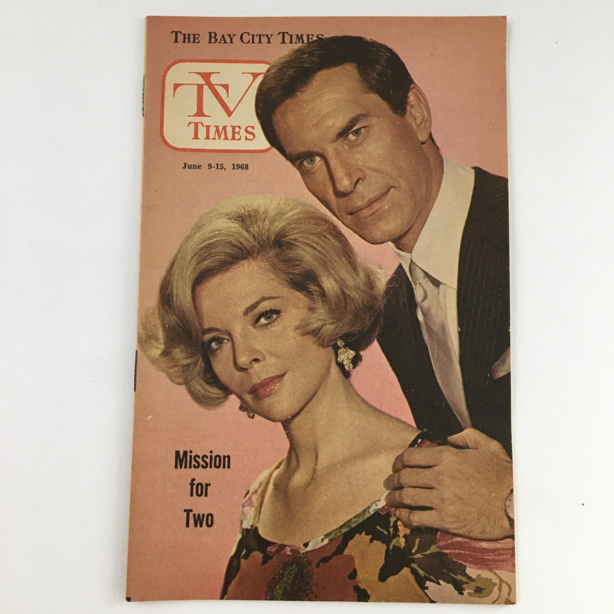 Vintage magazine cover of TV Times from Bay City, Michigan, dated January 9-15, 1968, featuring the cover story 'Mission for Two' with a stylish couple posed elegantly.