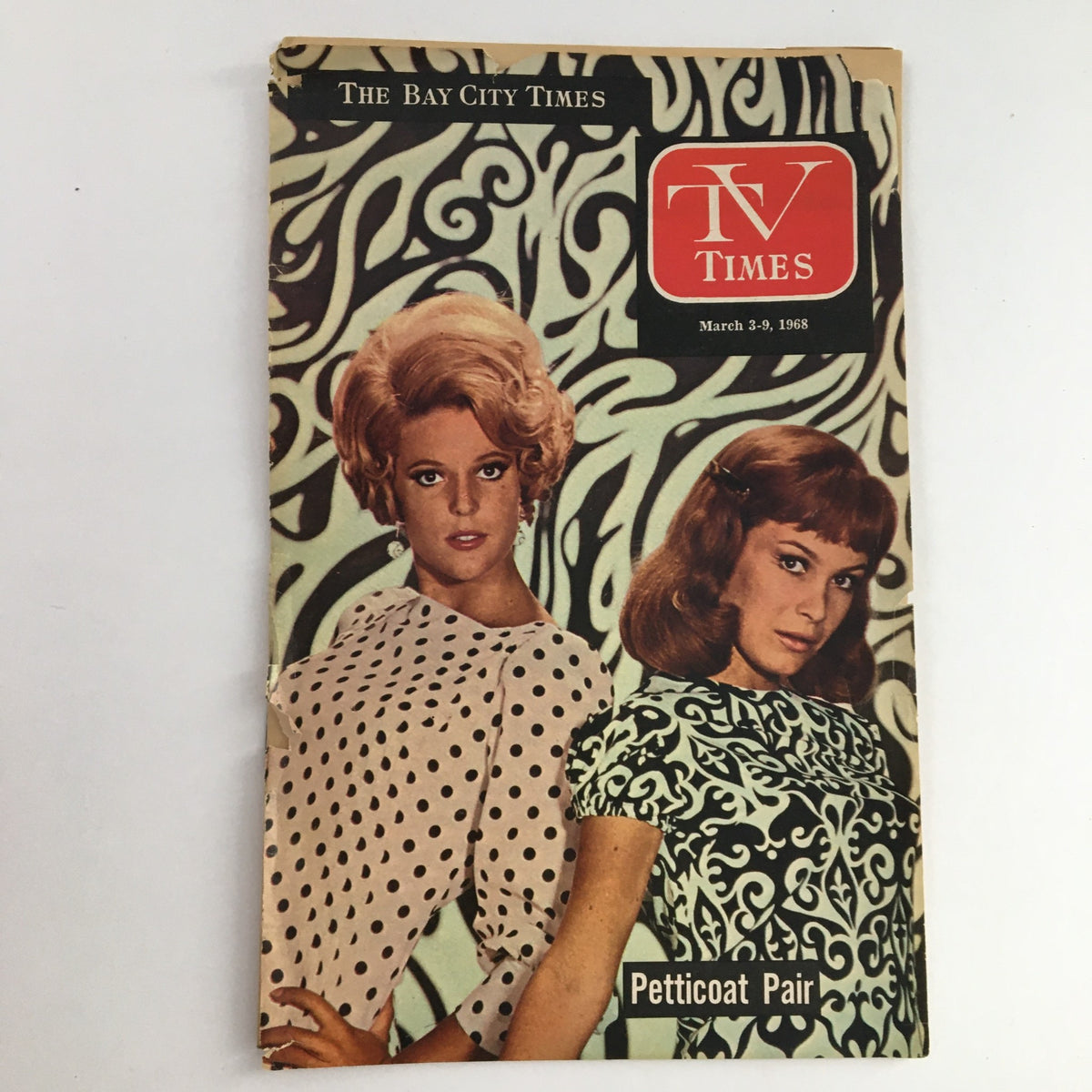 Cover of TV Times Bay City Michigan March 3-9 1968 featuring two women in Petticoat Pair outfits, with a patterned background and the magazine title prominently displayed.