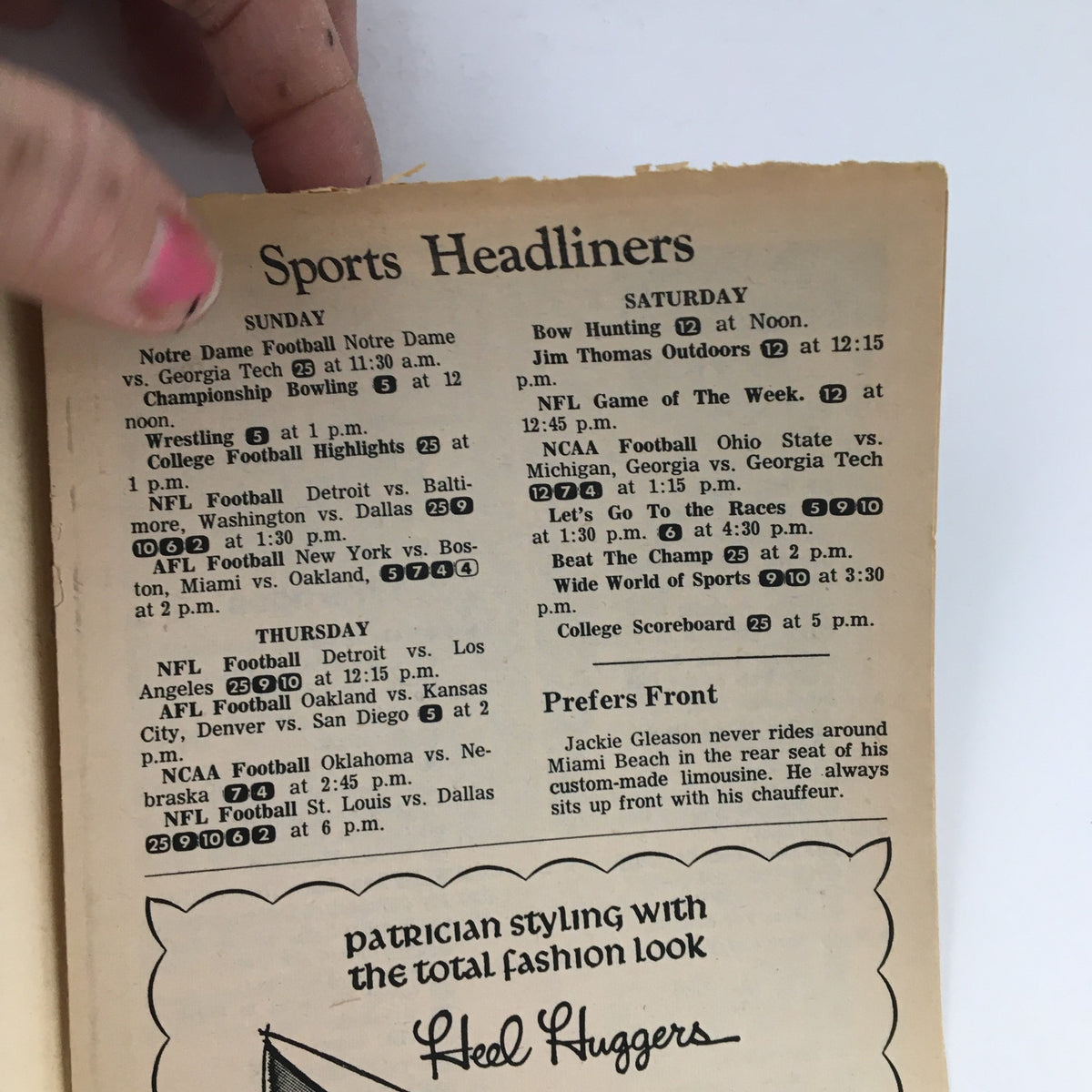 Interior page of the TV Times from Bay City, Michigan, November 19-25, 1967, displaying the 'Sports Headliners' section with various sports listings and highlights from the era.