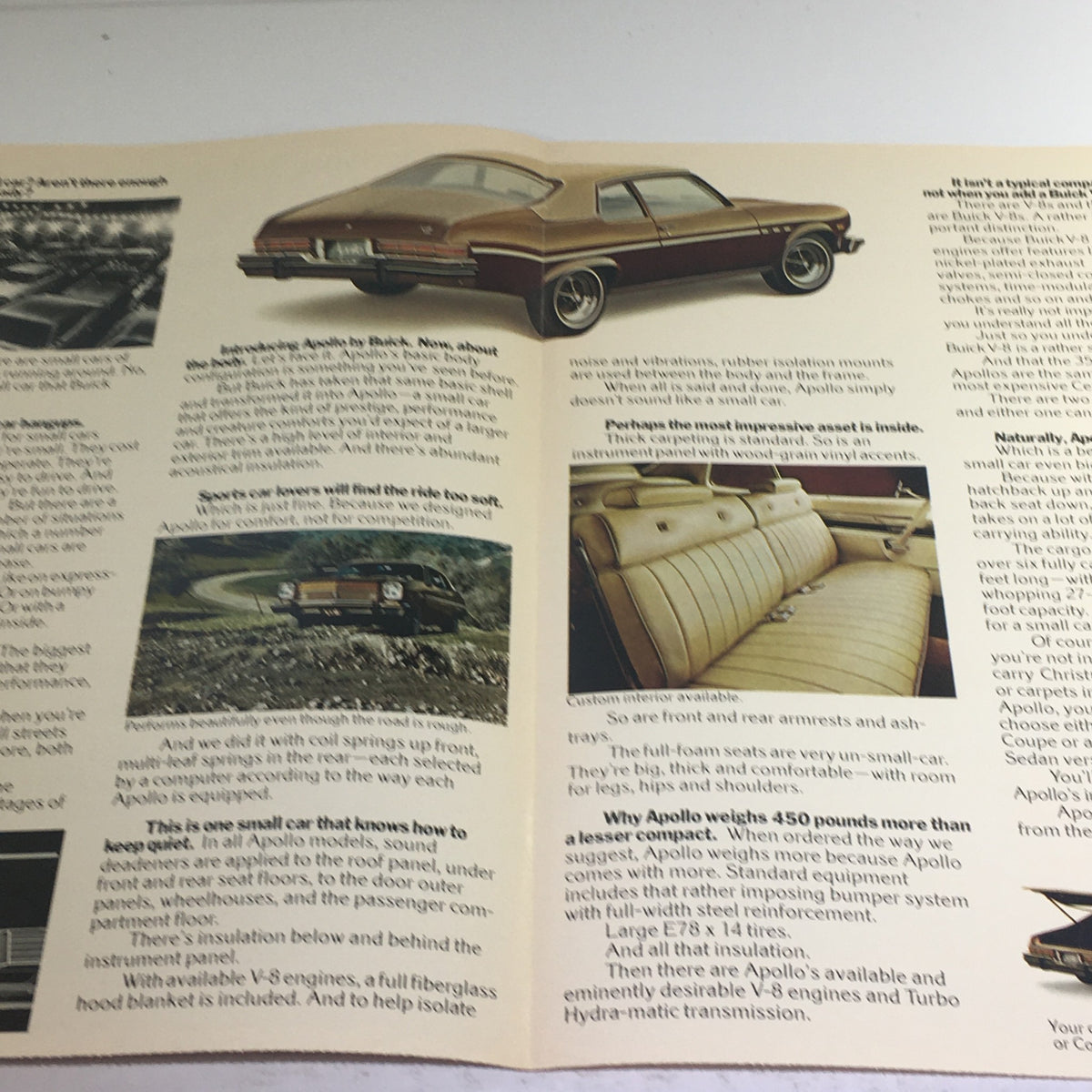 Interior view of the 1970s Buick-Opel Apollo Dealership Car Auto Brochure featuring detailed text and images of the Apollo car's design, upholstery, and interior features.
