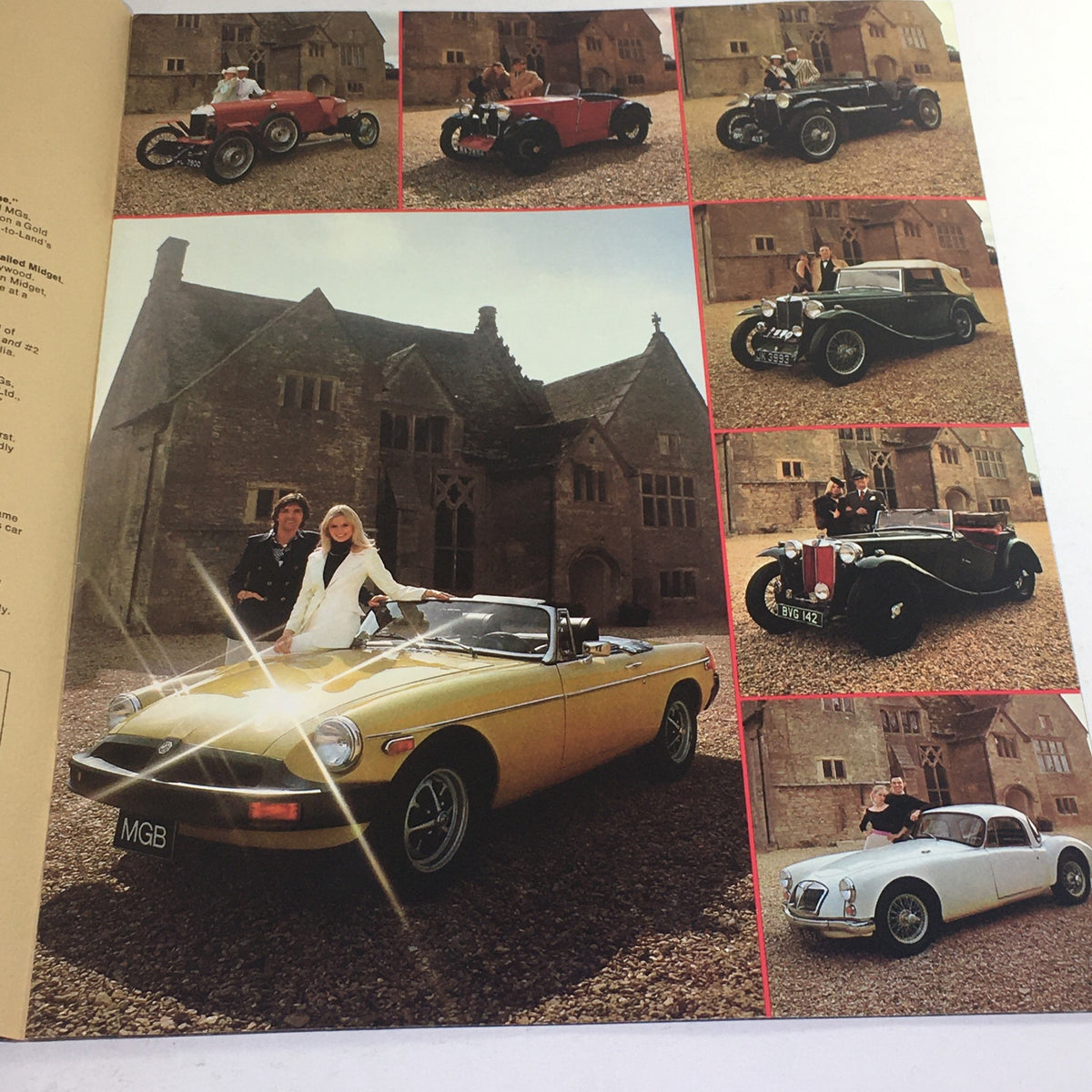Inside page of the 1975 MG Sports Car Dealership Car Auto Brochure Catalog showcasing various classic MG sports cars with models in a picturesque setting.