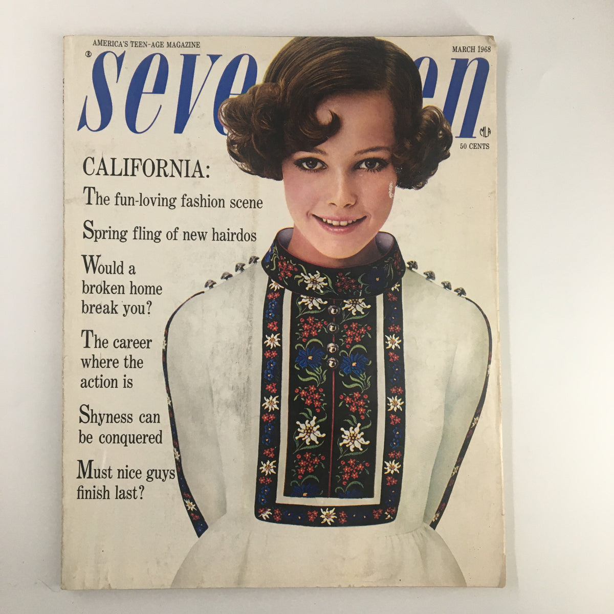 Vintage Seventeen Magazine cover from March 1968 titled 'The Career Where The Action Is' featuring a young woman with curly hair wearing a floral embroidered collar, showcasing 1960s fashion trends.