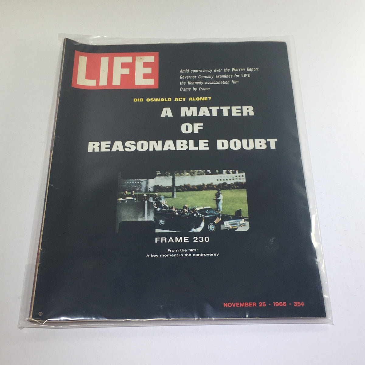 VTG Life Magazine: November 25 1966 cover featuring the headline 'Did Oswald Act Alone?' along with 'A Matter of Reasonable Doubt' and image related to frame 230, showcasing a pivotal moment in JFK assassination discussions.