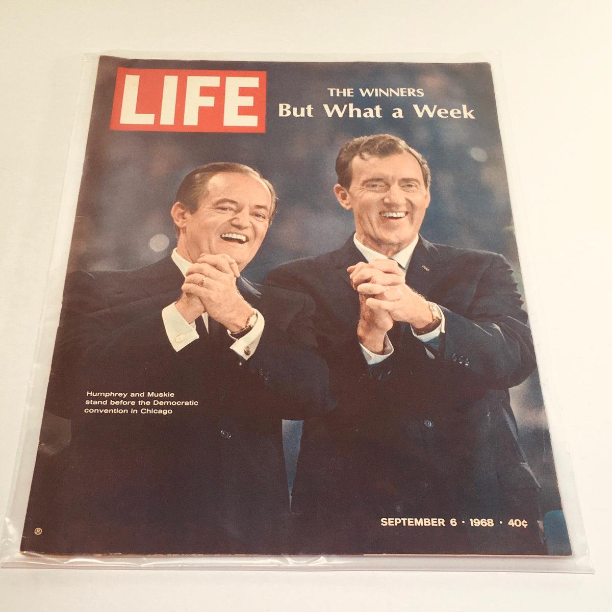 VTG Life Magazine: September 6 1968 - The Winners: Humphrey and Muskie on Cover. The cover features two smiling politicians, showcasing a moment from the Democratic convention in Chicago, symbolizing a pivotal time in American political history.