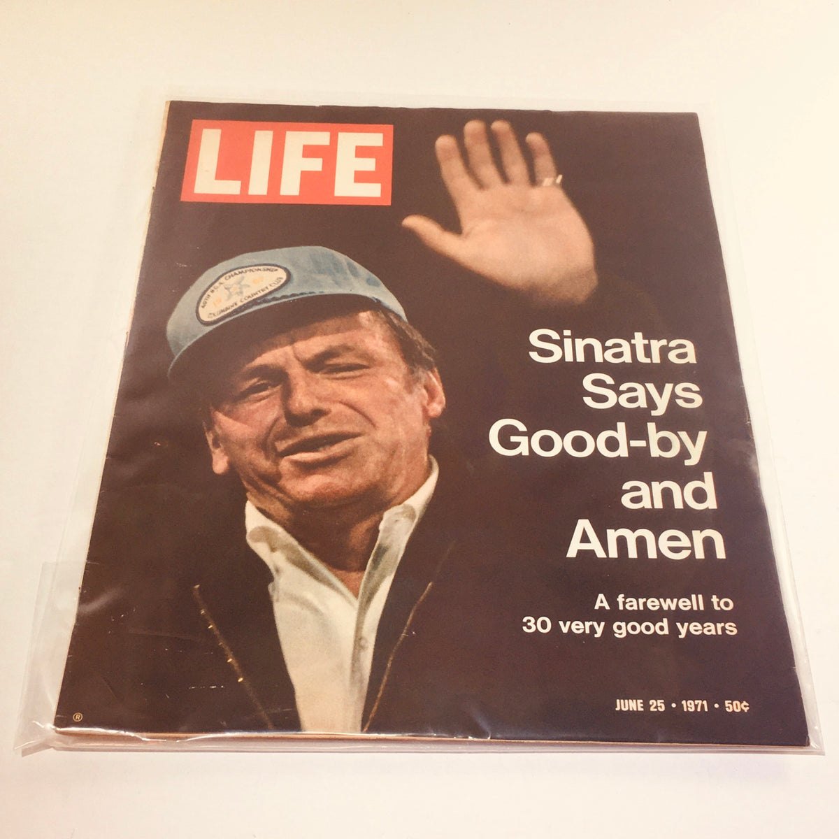 Cover of VTG Life Magazine from June 25, 1971 featuring "Sinatra Says Good-by and Amen to 30 Good Years" along with an image of Frank Sinatra waving.