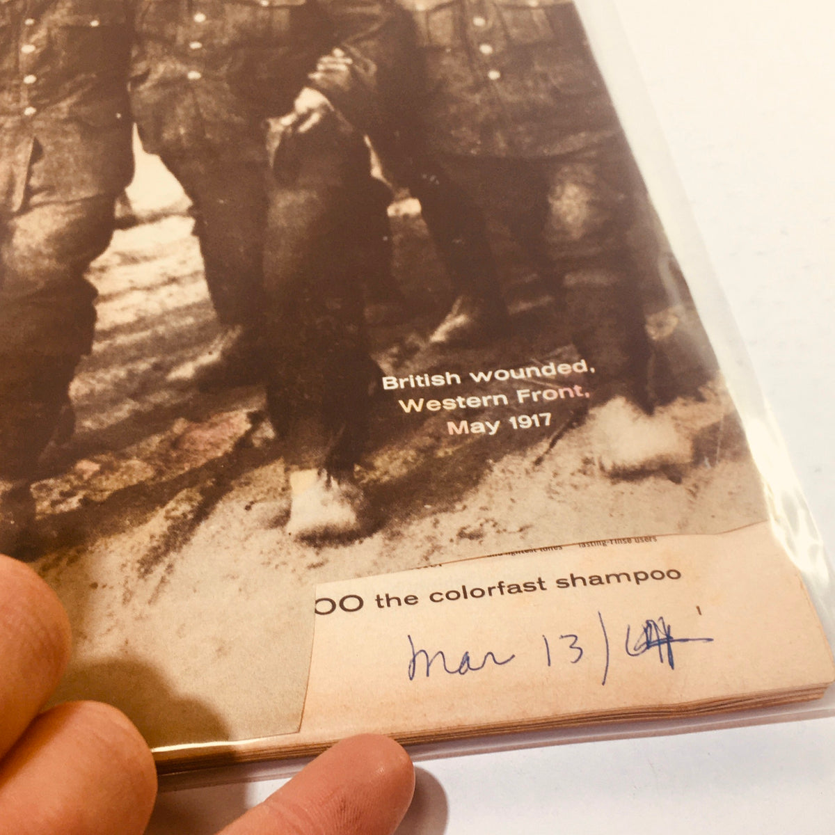 Close-up view of the cover of VTG Life Magazine March 13, 1964, showcasing British wounded soldiers from the Western Front in May 1917, with visible vintage markings.