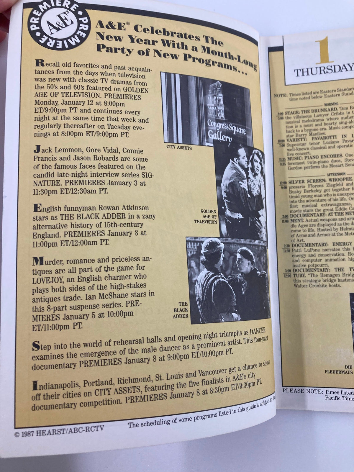 Interior page of the January 1987 Program Guide for Arts & Entertainment Cable Network, showcasing TV program listings and new series premieres.