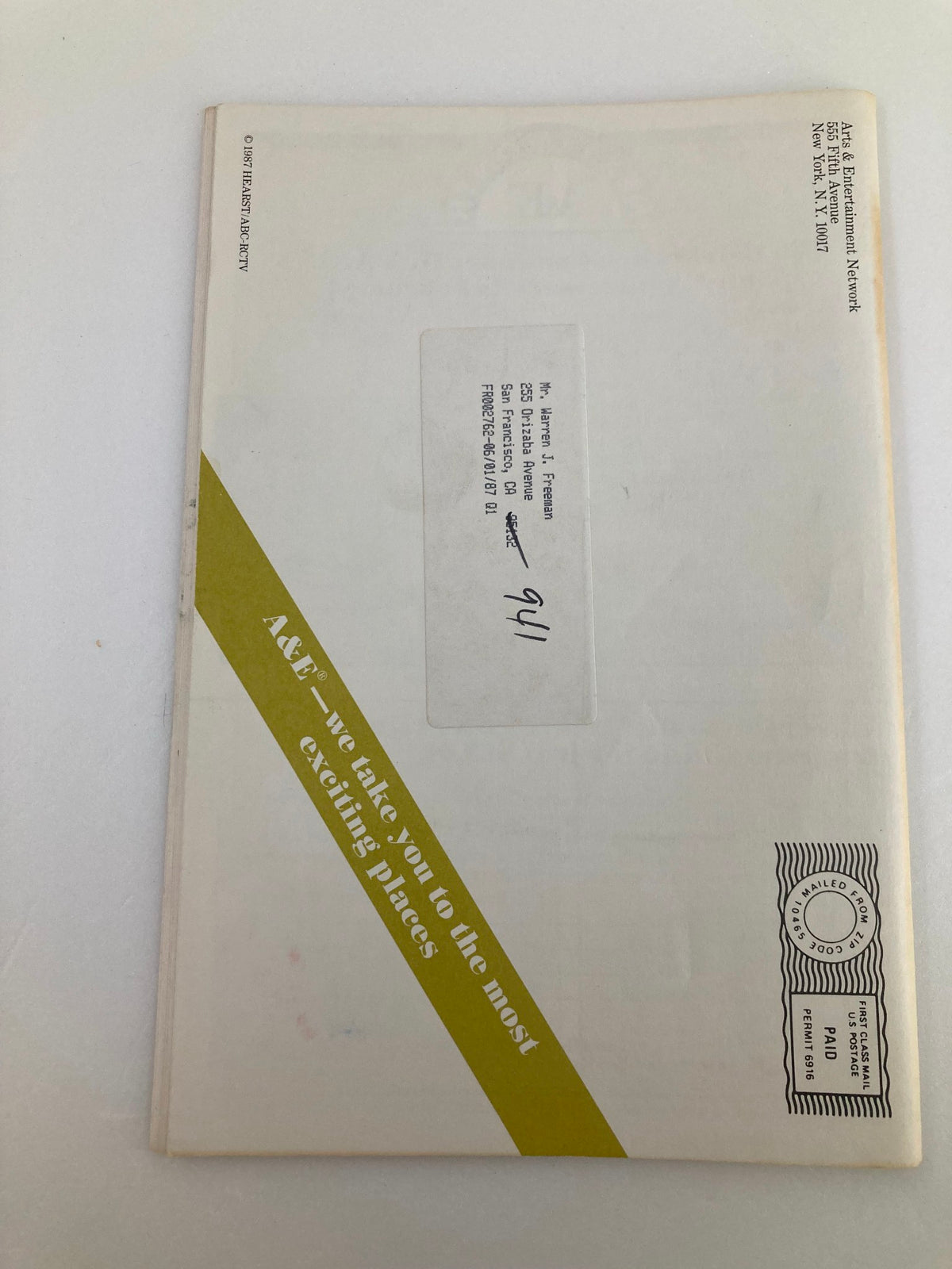 Back cover of the January 1987 Program Guide for Arts & Entertainment Cable Network, featuring a mail label and vintage design.