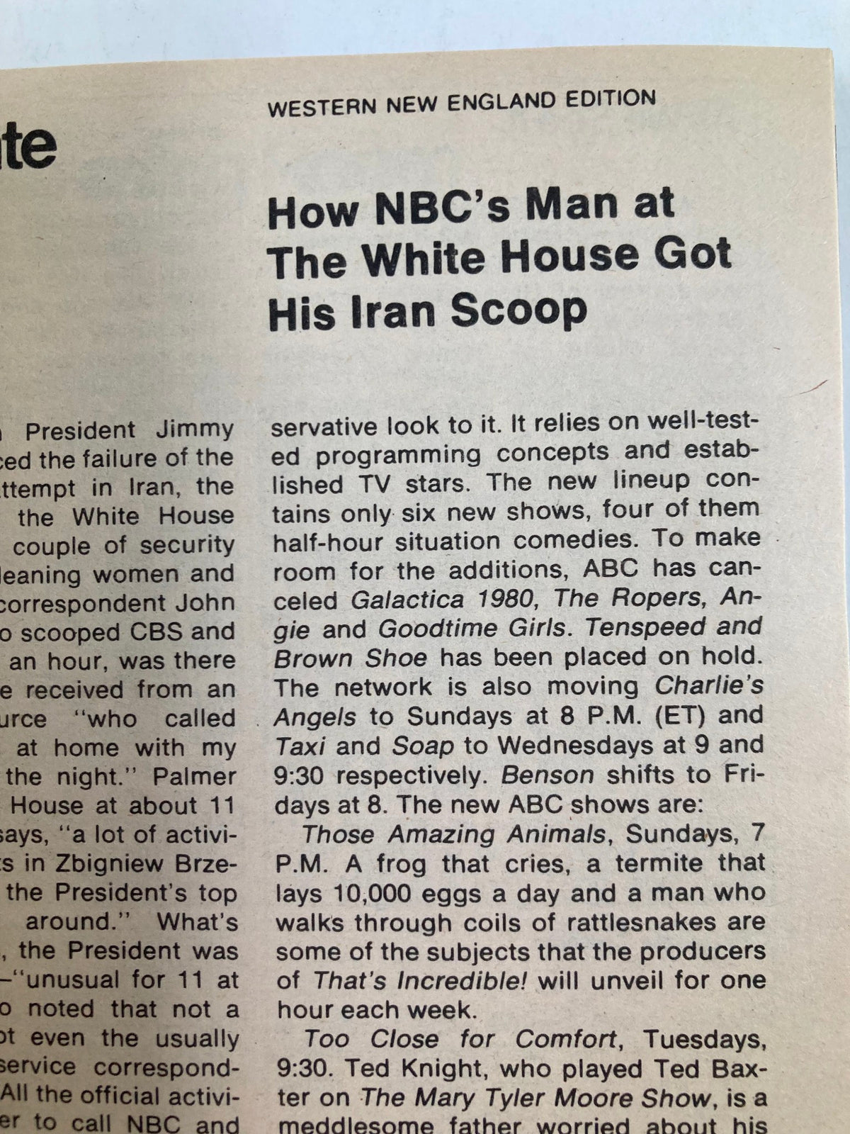 Page from TV Guide Magazine May 10 1980 featuring an article titled 'How NBC’s Man at The White House Got His Iran Scoop' discussing television programming and notable shows.