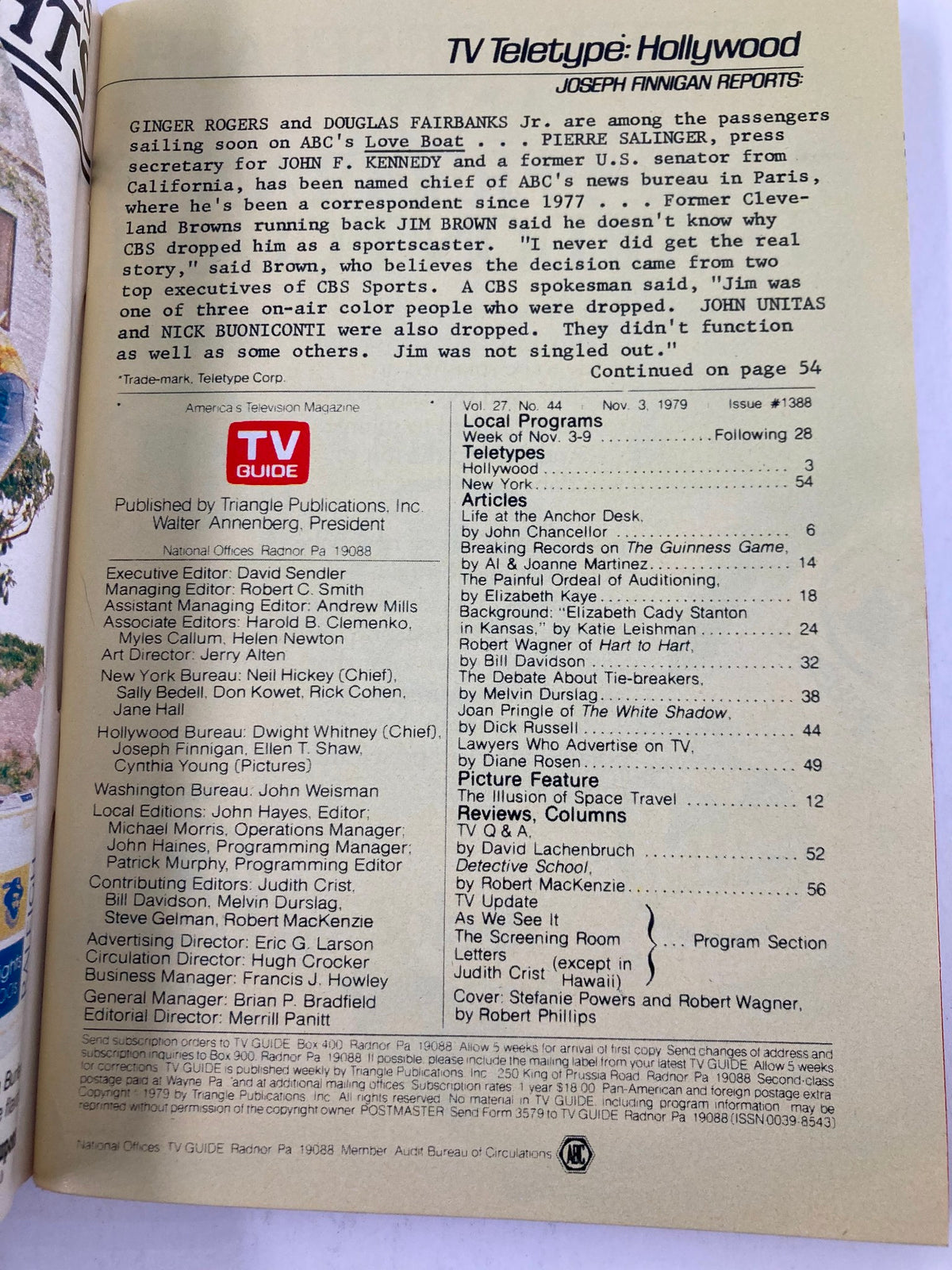 Interior page of TV Guide Magazine November 3 1979, displaying a TV Teletype report with features on 1979 television shows, including information about Stefanie Powers and Robert Wagner.