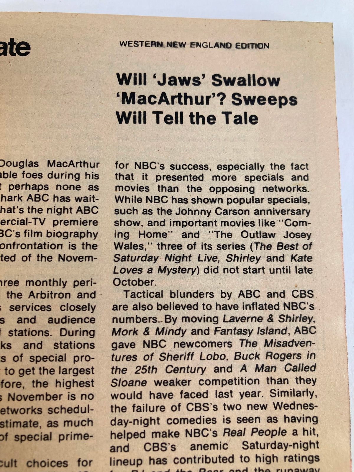 Page from TV Guide Magazine October 27 1979 #1387 featuring article on television ratings and programming details, part of Western New England Edition.