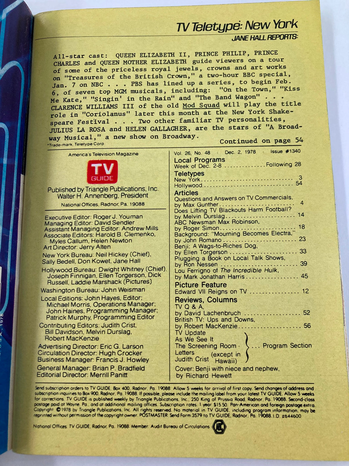 Inside page of TV Guide Magazine December 2 1978 listing articles including a report on Queen Elizabeth II and entertainment news, offering a glimpse into the television landscape of the late 1970s.