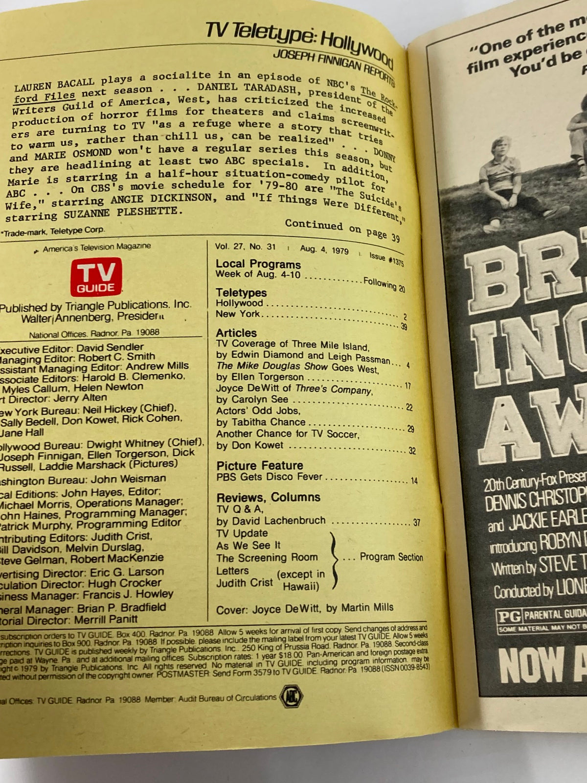 Inside page of TV Guide Magazine August 4 1979 #1379 with articles and content listings including television features and a picture of Joyce DeWitt.