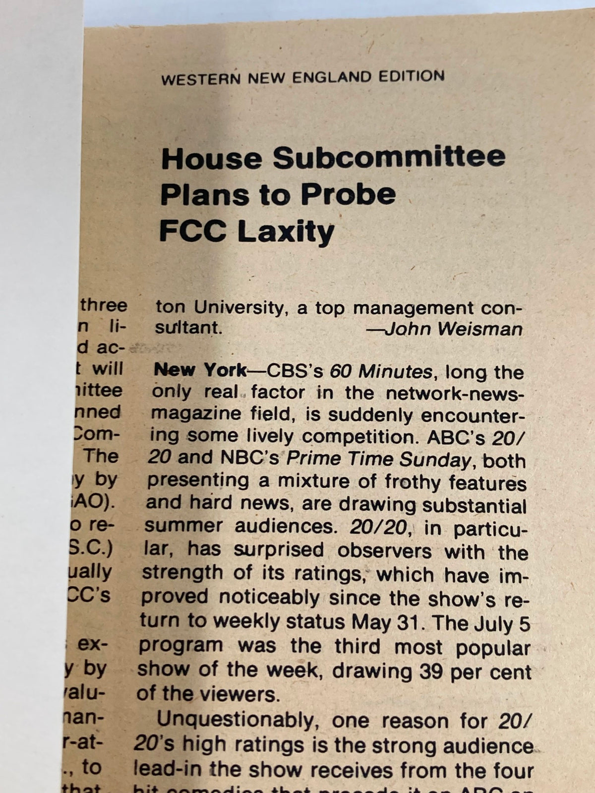 Another page from TV Guide Magazine August 4 1979 #1379 showing news headlines related to television and FCC probes, with emphasis on the Western New England Edition.